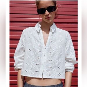 Zara White Eyelet Button-Up Blouse size S